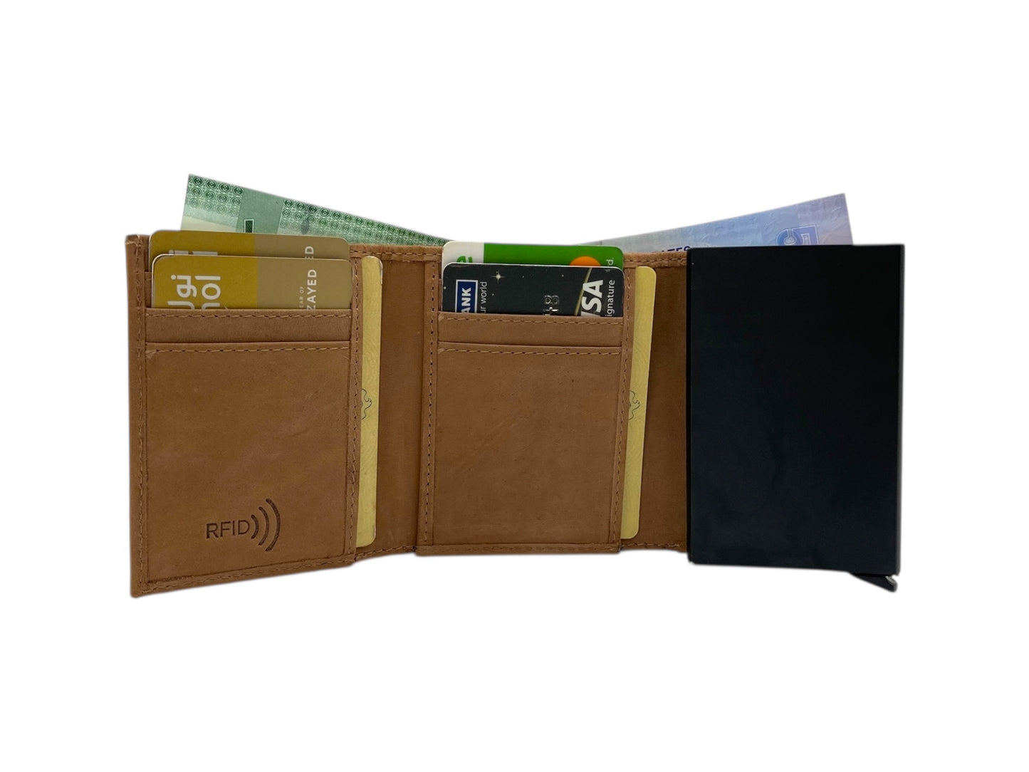 Smart Pop-Up Metallic Card Holder Tri-Fold Wallet in Leather # TRI 4523.NEW-ELASTIC