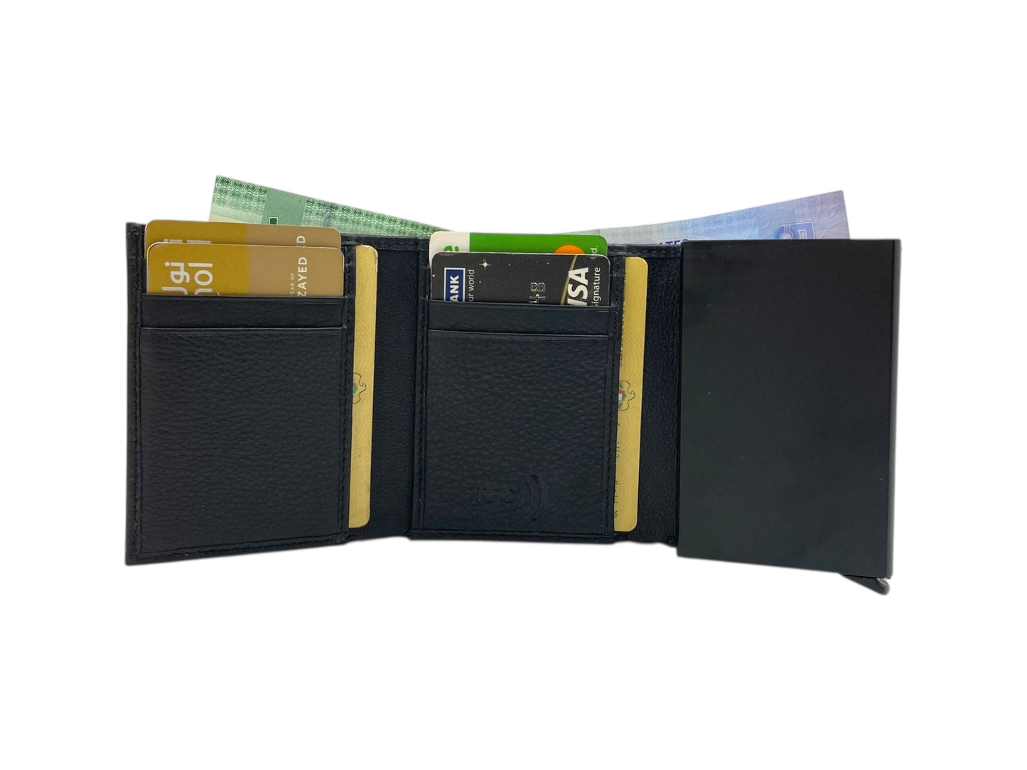 Smart Pop-Up Metallic Card Holder Tri-Fold Wallet in Leather # TRI 4523.NEW-ELASTIC