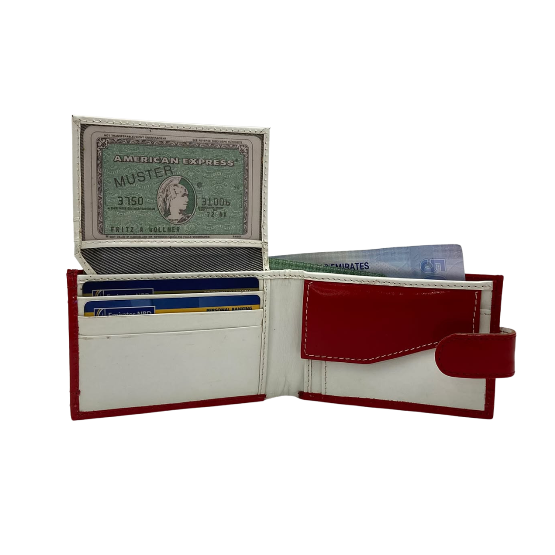 Men's Waterproof Bifold Leather Wallet with ID Window & Card Slots (White & Red Edition) #1020CL [D.L.]