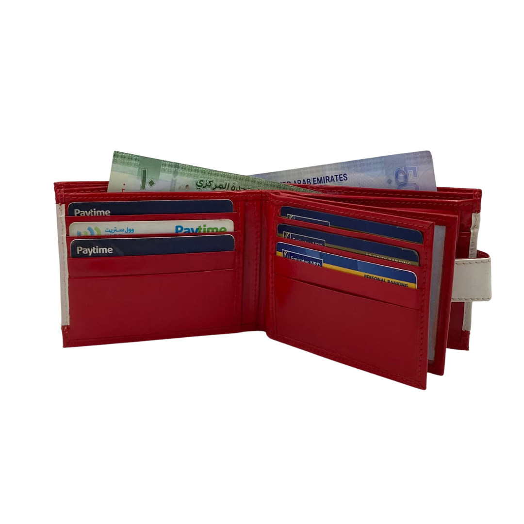 Men's Waterproof Bifold Leather Wallet with ID Window & Card Slots (White & Red Edition) #983CL [PATTI]