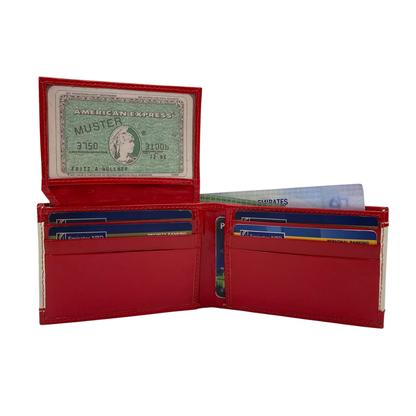 Men's Waterproof Bifold Leather Wallet with ID Window & Card Slots (White & Red Edition) #1020B [PATTI]