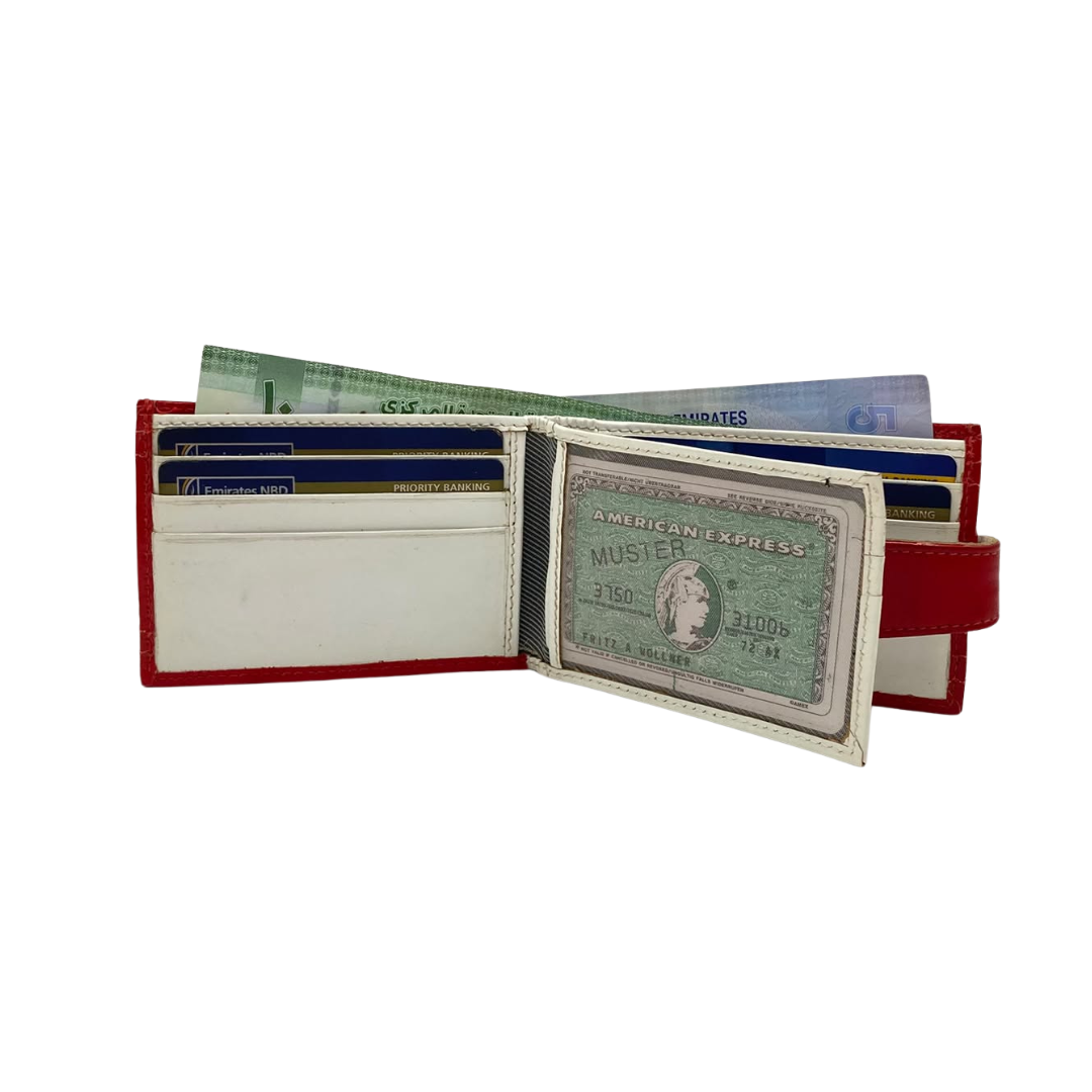 Men's Waterproof Bifold Leather Wallet with ID Window & Card Slots (White & Red Edition) #1020AL [D.L.]