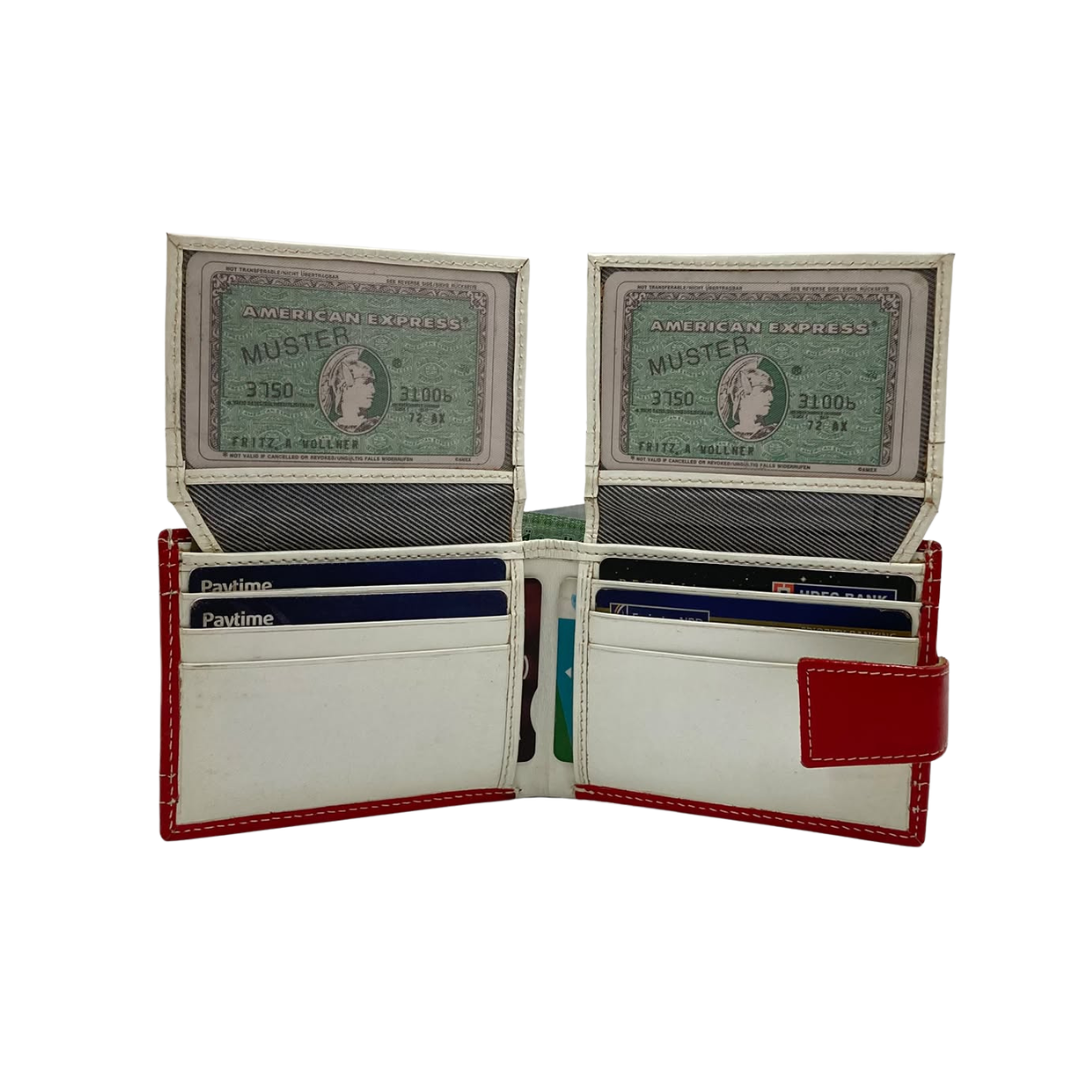 Men's Waterproof Bifold Leather Wallet with ID Window & Card Slots (White & Red Edition) #1729A [D.L.]