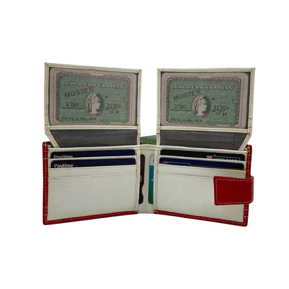 Men's Waterproof Bifold Leather Wallet with ID Window & Card Slots (White & Red Edition) #1729A [D.L.]