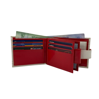 Men's Waterproof Bifold Leather Wallet with ID Window & Card Slots (White & Red Edition) #1887CL [D.L.]