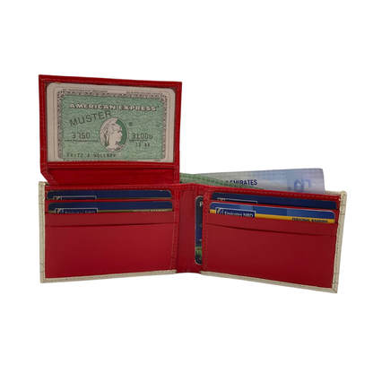 Men's Waterproof Bifold Leather Wallet with ID Window & Card Slots (White & Red Edition) #1020B [D.L.]