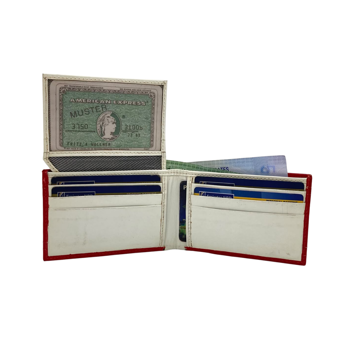 Men's Waterproof Bifold Leather Wallet with ID Window & Card Slots (White & Red Edition) #1020B [D.L.]