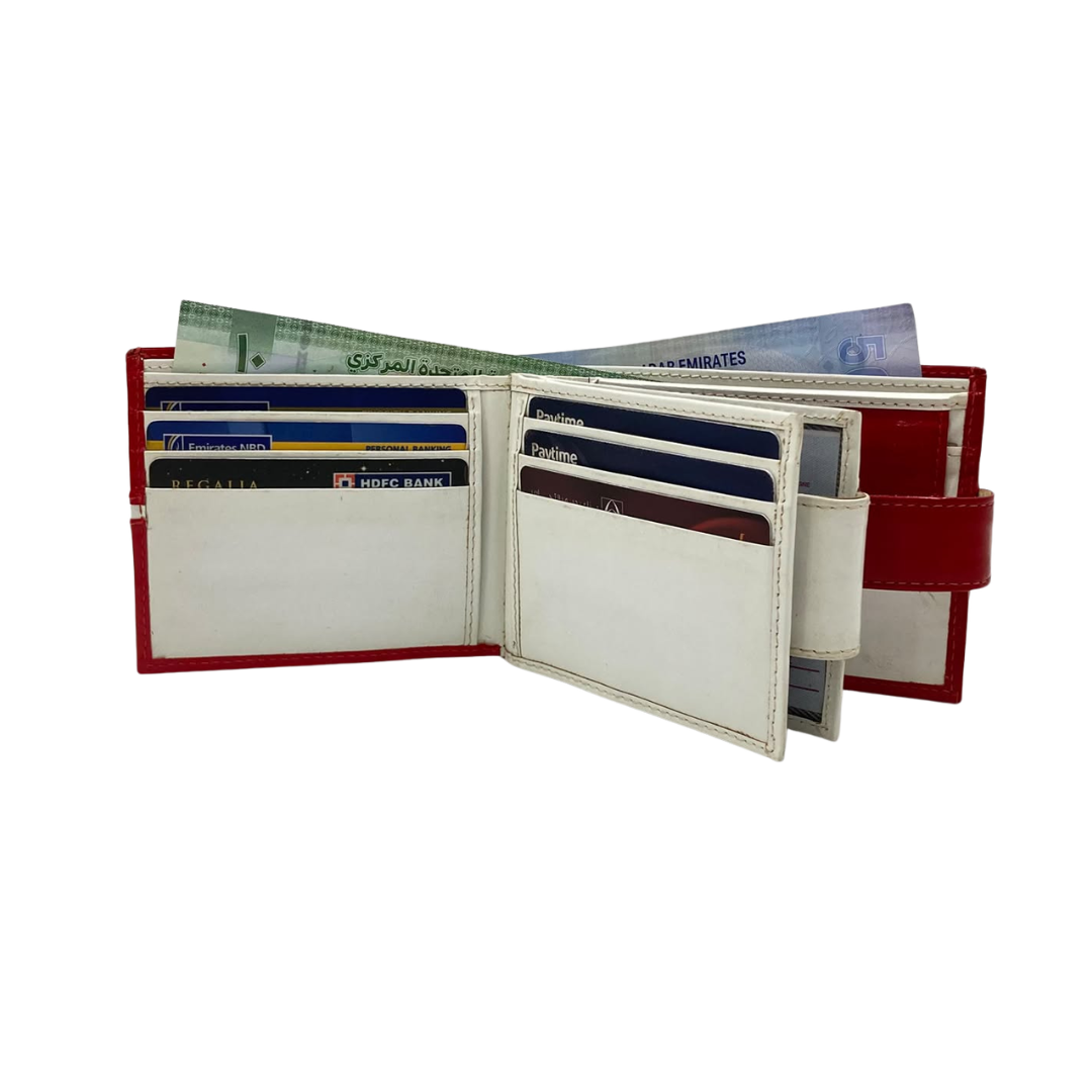 Men's Waterproof Bifold Leather Wallet with ID Window & Card Slots (White & Red Edition) #1887CL [C.L.]