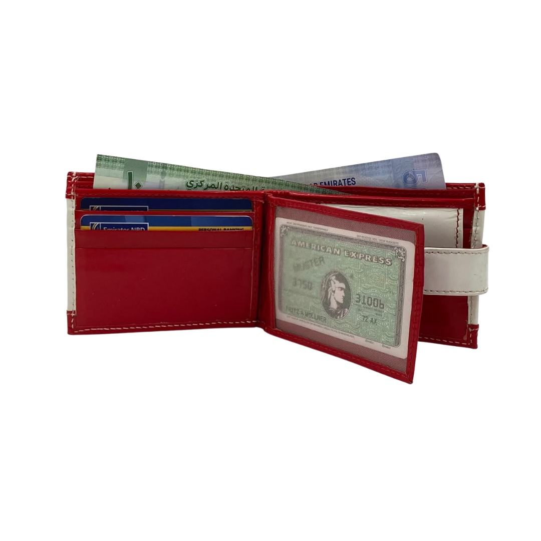 Men's Waterproof Bifold Leather Wallet with ID Window & Card Slots (White & Red Edition) #1728CL [PATTI]