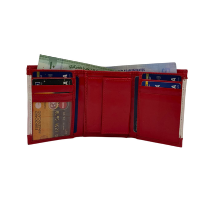 Men's Waterproof Bifold Leather Wallet with ID Window & Card Slots (White & Red Edition) #1125 [PATTI]