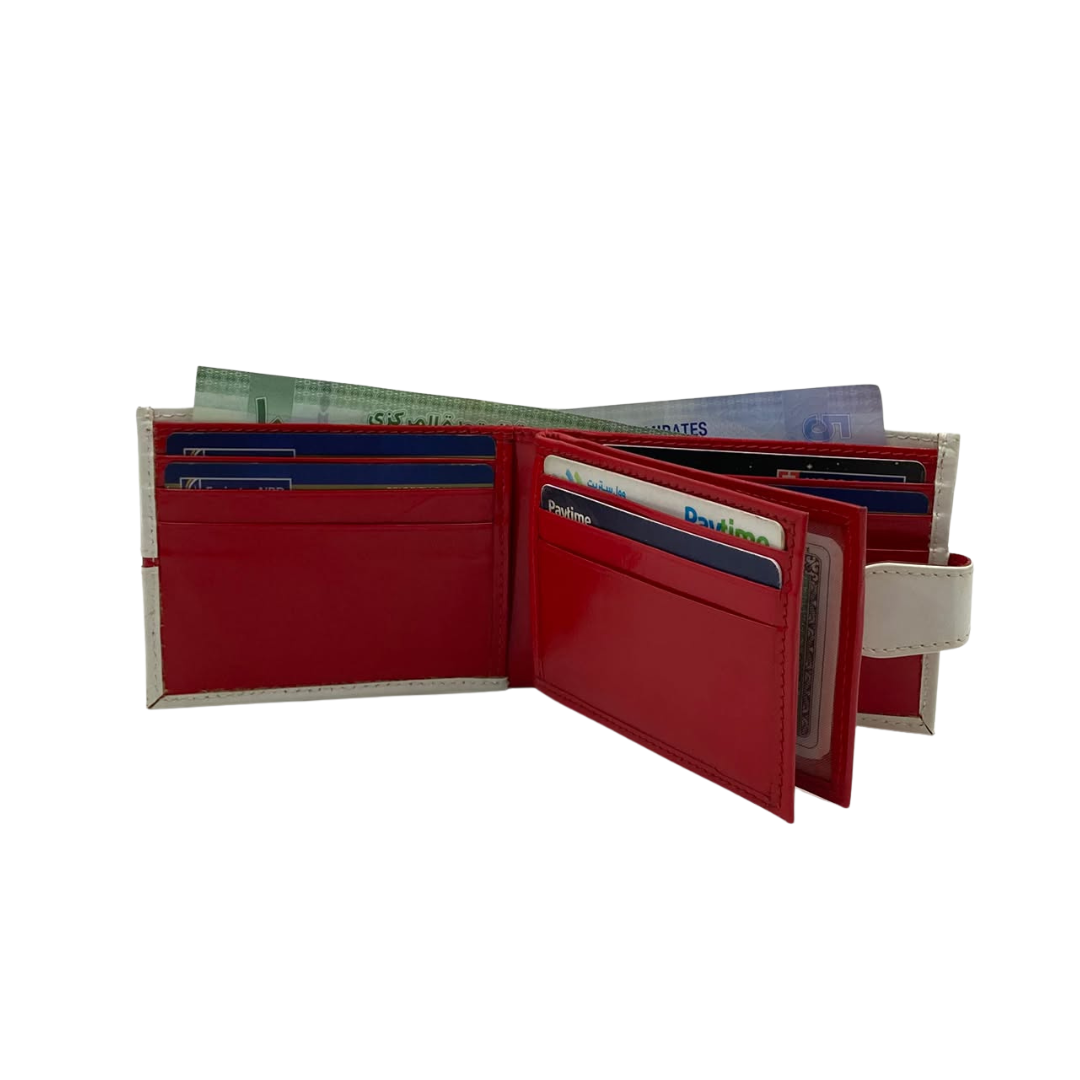 Men's Waterproof Bifold Leather Wallet with ID Window & Card Slots (White & Red Edition) #892AL [C.L.]