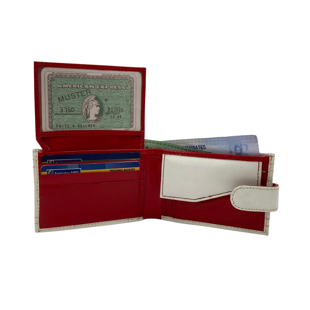 Men's Waterproof Bifold Leather Wallet with ID Window & Card Slots (White & Red Edition) #1020CL [D.L.]