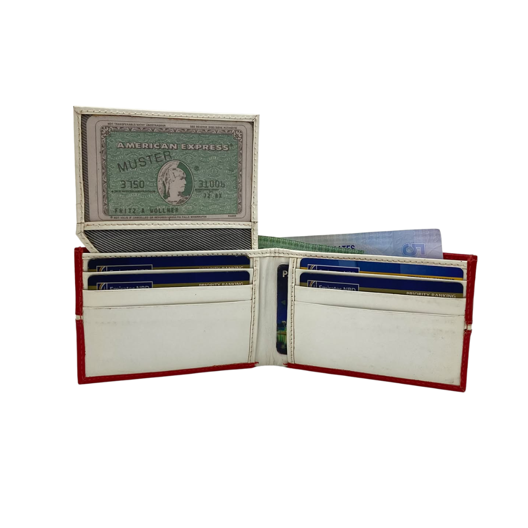 Men's Waterproof Bifold Leather Wallet with ID Window & Card Slots (White & Red Edition) #1020B [C.L.]