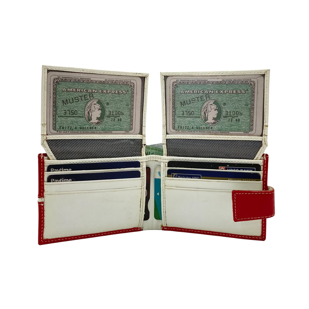 Men's Waterproof Bifold Leather Wallet with ID Window & Card Slots (White & Red Edition) #1729A [C.L.]