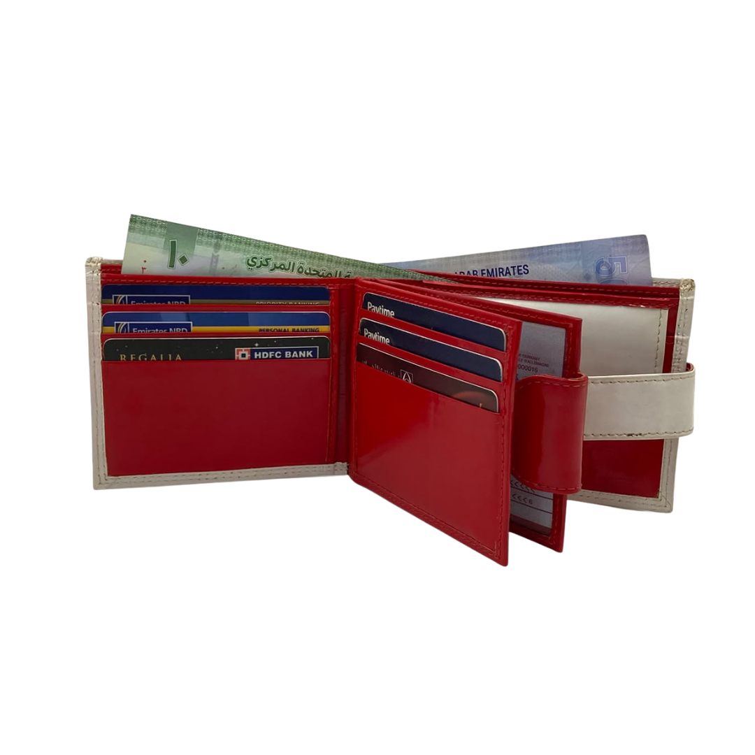 Men's Waterproof Bifold Leather Wallet with ID Window & Card Slots (White & Red Edition) #1887CL [PLAIN]