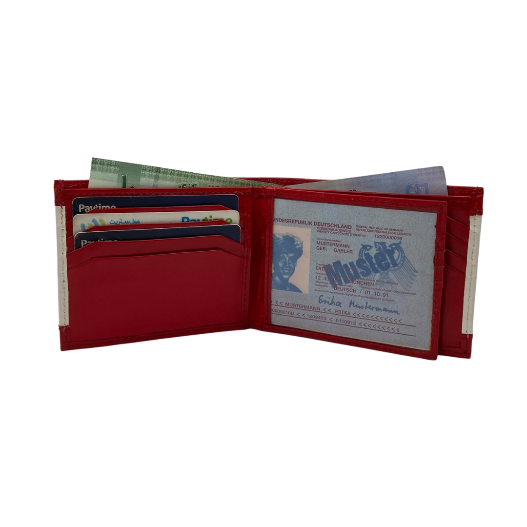 Men's Waterproof Bifold Leather Wallet with ID Window & Card Slots (White & Red Edition) #803 [PATTI]
