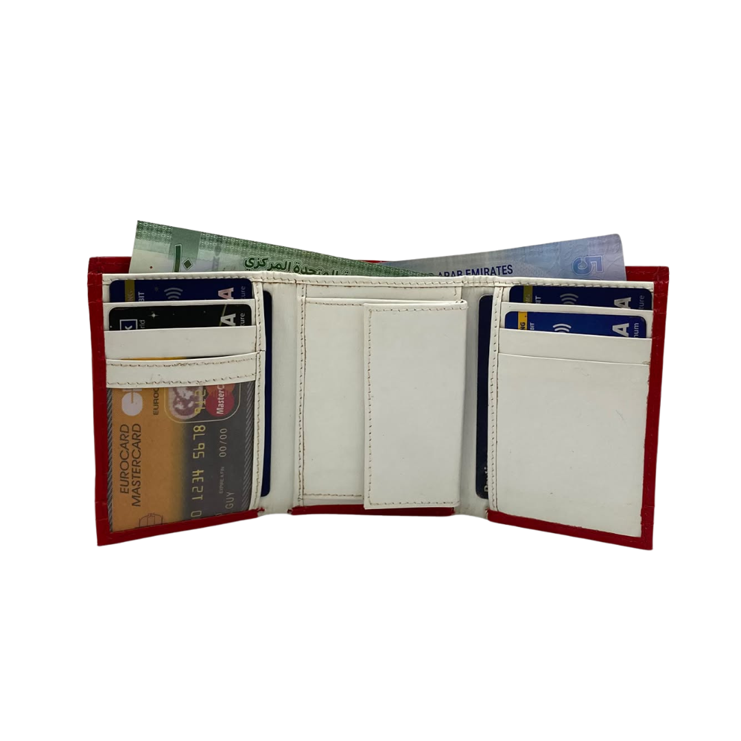 Men's Waterproof Bifold Leather Wallet with ID Window & Card Slots (White & Red Edition) #1125 [D.L.]