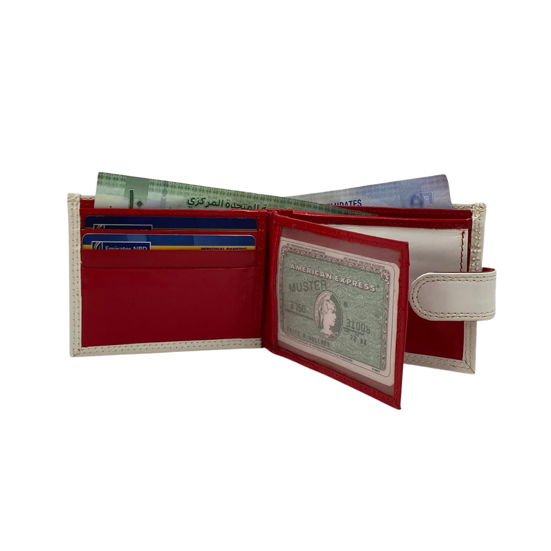 Men's Waterproof Bifold Leather Wallet with ID Window & Card Slots (White & Red Edition) #1728CL [PLAIN]
