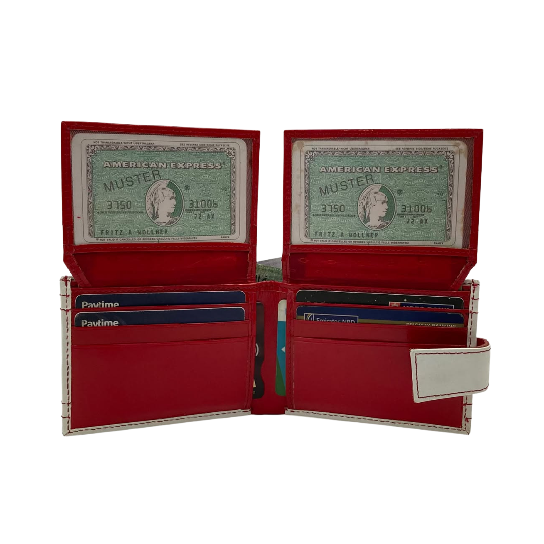 Men's Waterproof Bifold Leather Wallet with ID Window & Card Slots (White & Red Edition) #1729A [D.L.]