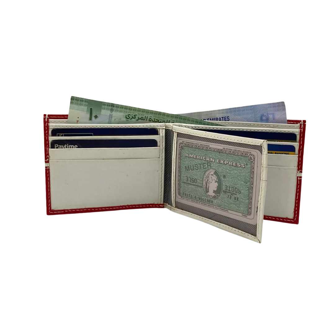 Men's Waterproof Bifold Leather Wallet with ID Window & Card Slots (White & Red Edition) #1728 [C.L.]
