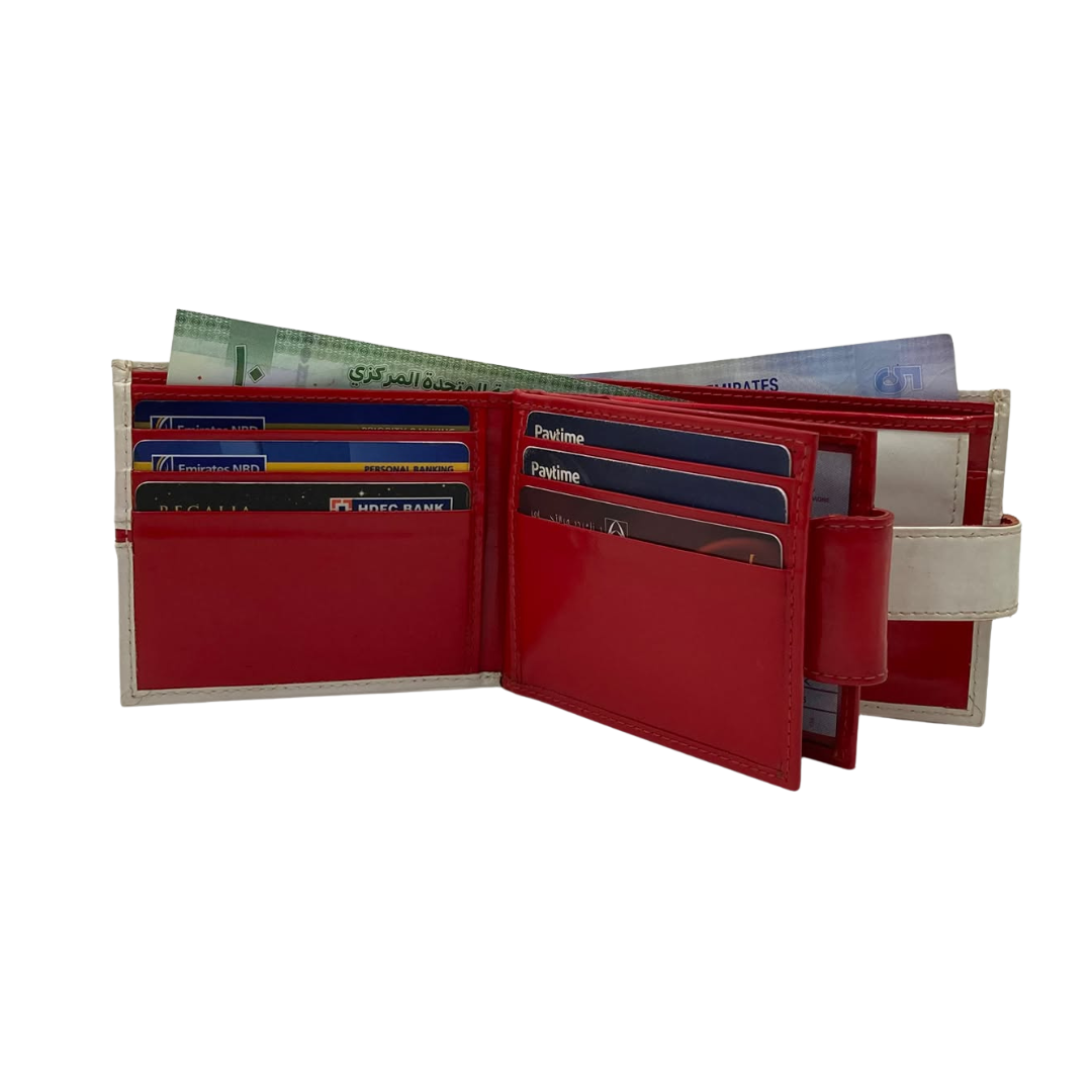 Men's Waterproof Bifold Leather Wallet with ID Window & Card Slots (White & Red Edition) #1887CL [C.L.]