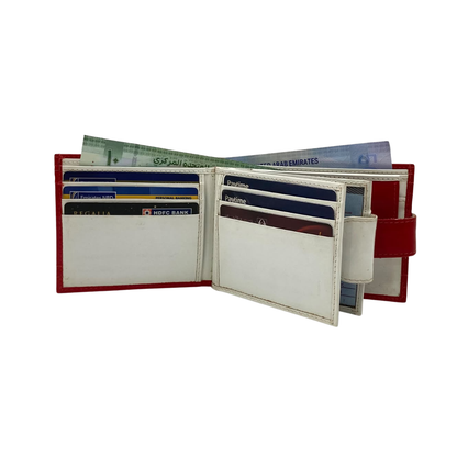 Men's Waterproof Bifold Leather Wallet with ID Window & Card Slots (White & Red Edition) #1887CL [D.L.]