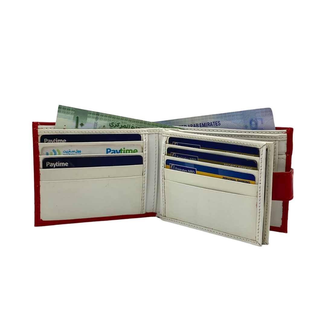 Men's Waterproof Bifold Leather Wallet with ID Window & Card Slots (White & Red Edition) #983CL [D.L.]