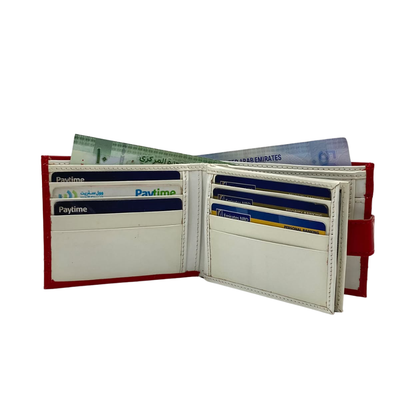Men's Waterproof Bifold Leather Wallet with ID Window & Card Slots (White & Red Edition) #983CL [D.L.]
