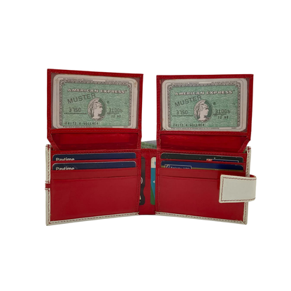 Men's Waterproof Bifold Leather Wallet with ID Window & Card Slots (White & Red Edition) #1729A [C.L.]