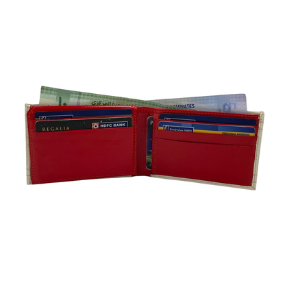 Men's Waterproof Bifold Leather Wallet with ID Window & Card Slots (White & Red Edition) #1020B [D.L.]