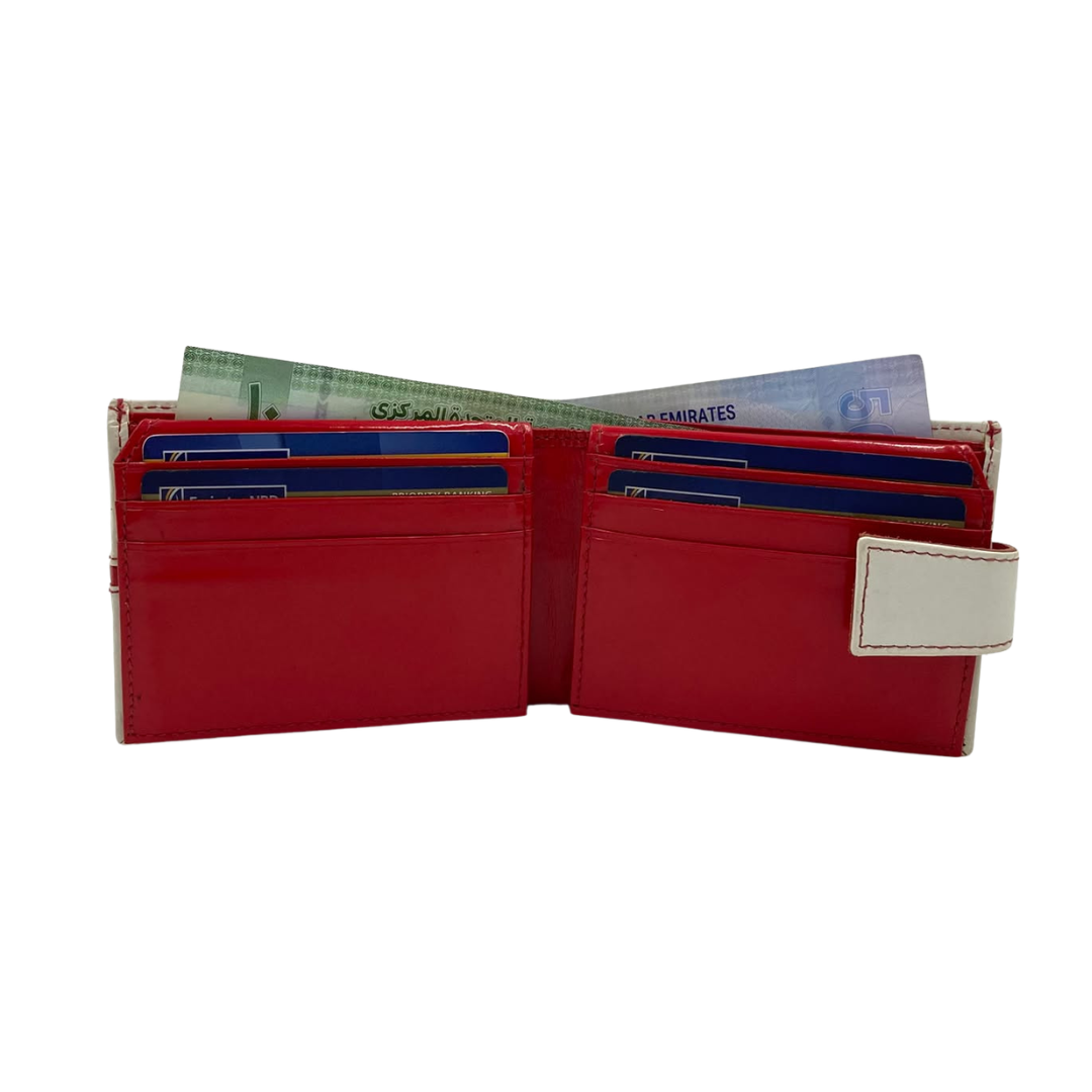 Men's Waterproof Bifold Leather Wallet with ID Window & Card Slots (White & Red Edition) #1729A [C.L.]