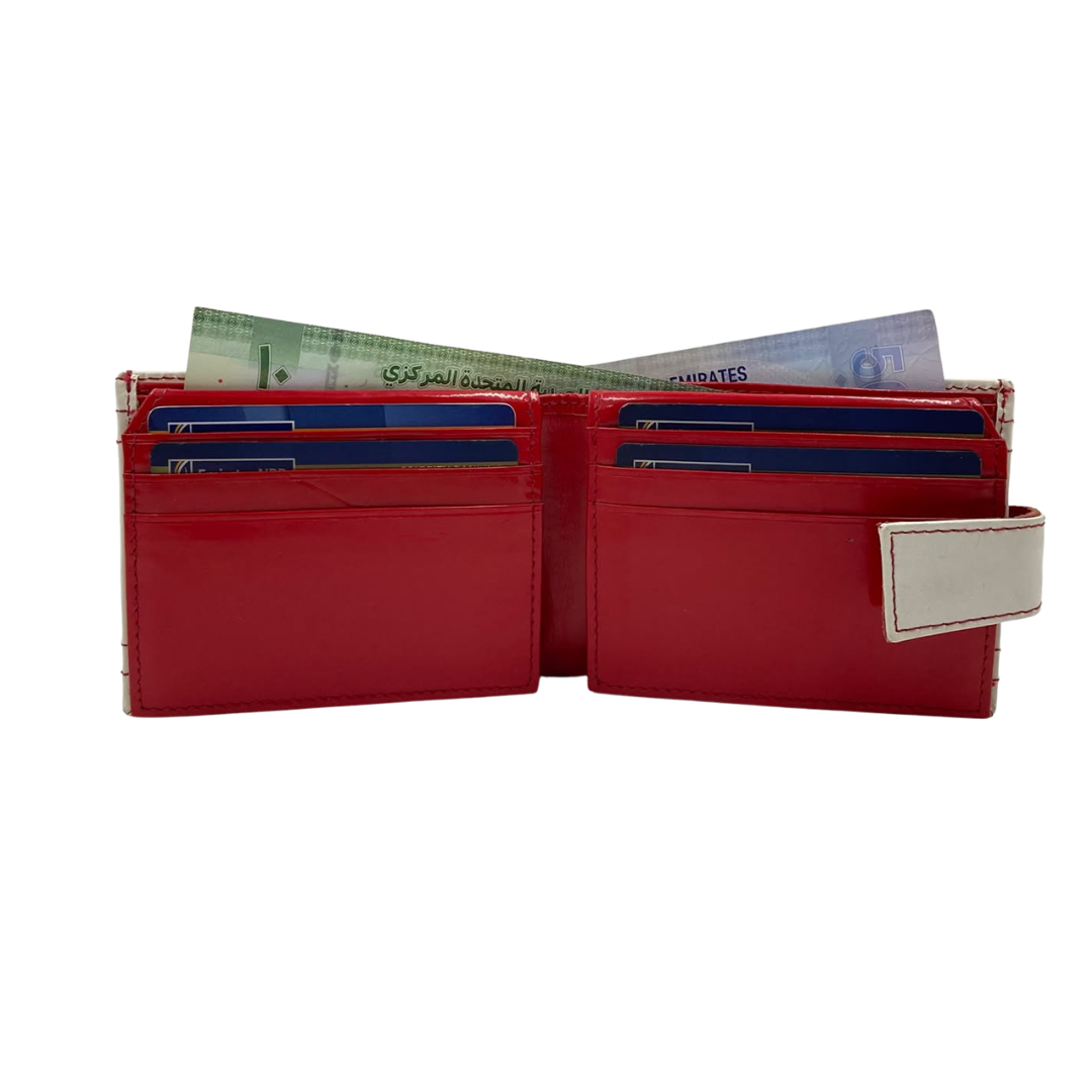 Men's Waterproof Bifold Leather Wallet with ID Window & Card Slots (White & Red Edition) #1729A [D.L.]