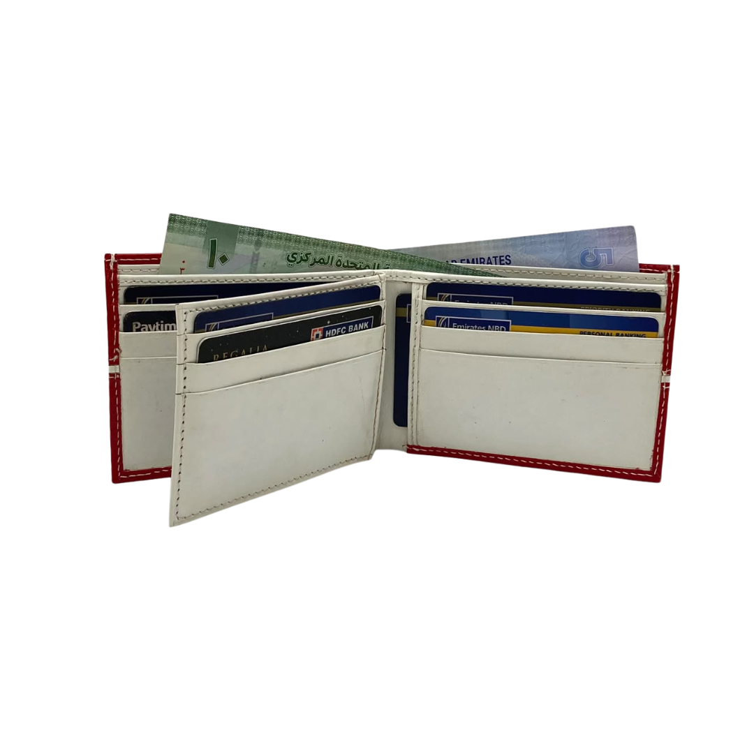 Men's Waterproof Bifold Leather Wallet with ID Window & Card Slots (White & Red Edition) #1728 [C.L.]
