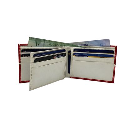 Men's Waterproof Bifold Leather Wallet with ID Window & Card Slots (White & Red Edition) #1728 [C.L.]