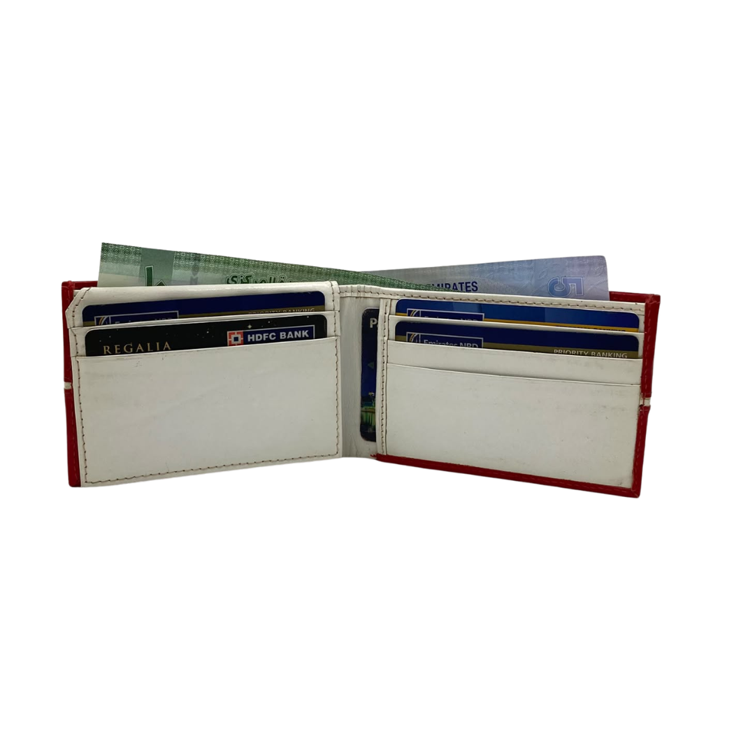 Men's Waterproof Bifold Leather Wallet with ID Window & Card Slots (White & Red Edition) #1020B [C.L.]