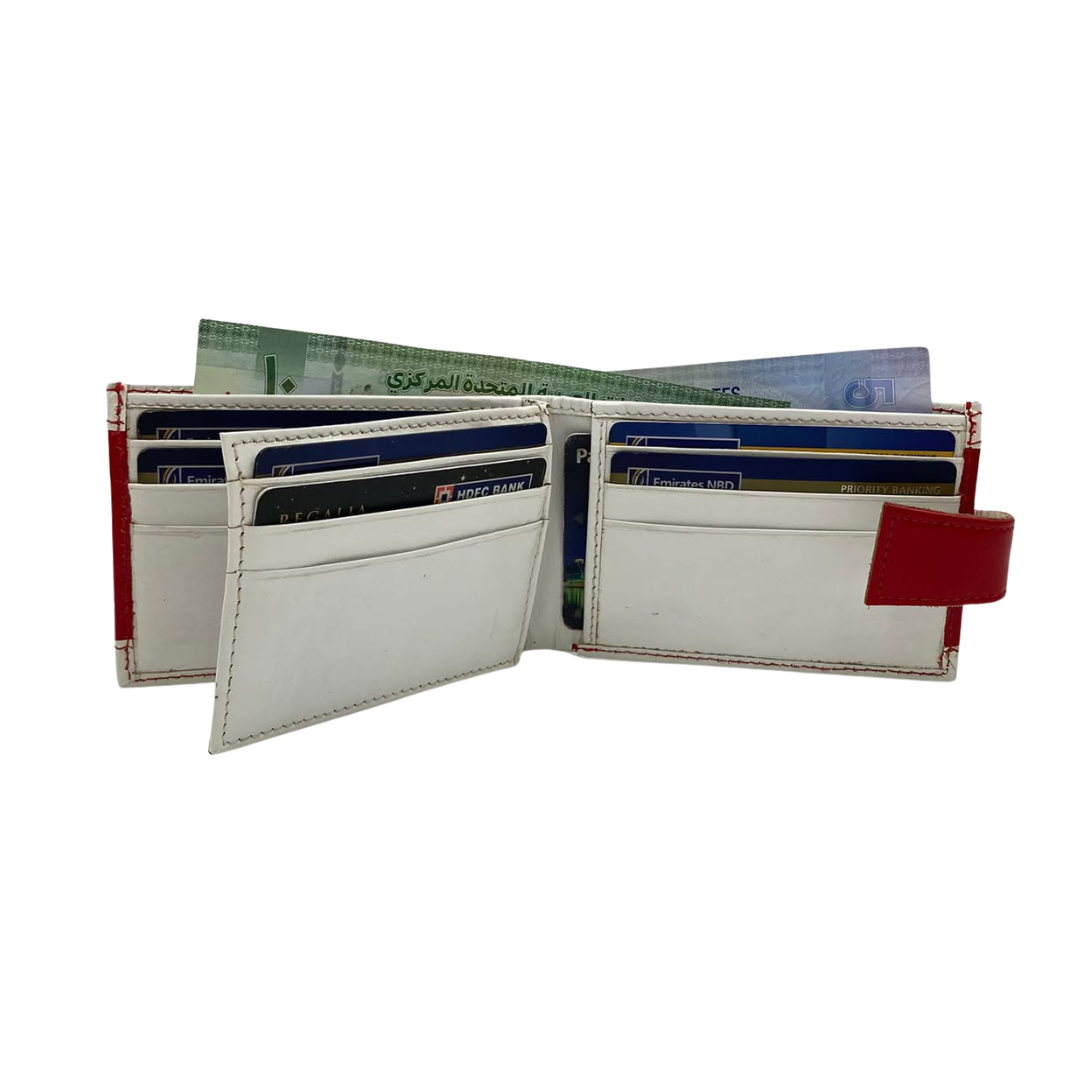 Men's Waterproof Bifold Leather Wallet with ID Window & Card Slots (White & Red Edition) #1020AL [PATTI]