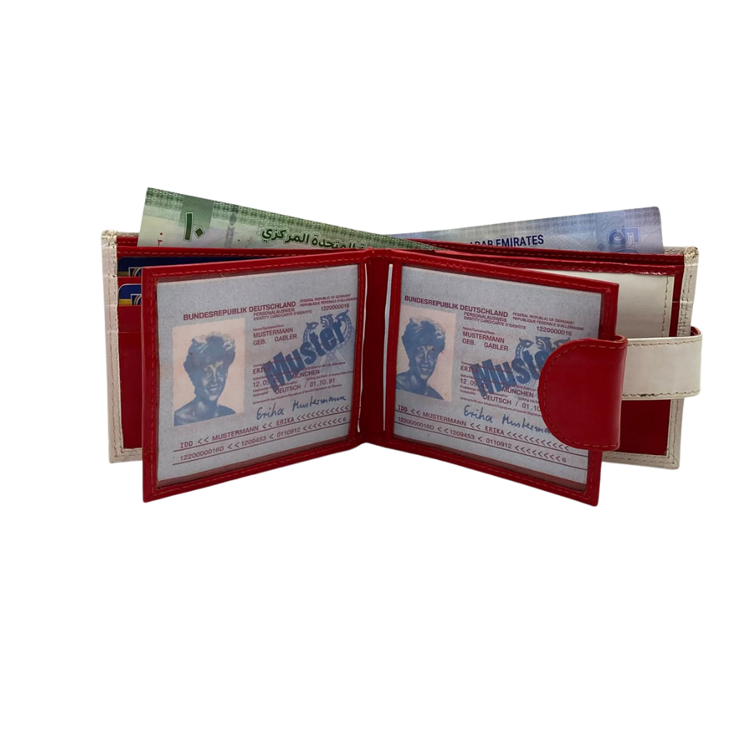 Men's Waterproof Bifold Leather Wallet with ID Window & Card Slots (White & Red Edition) #1887CL [PLAIN]