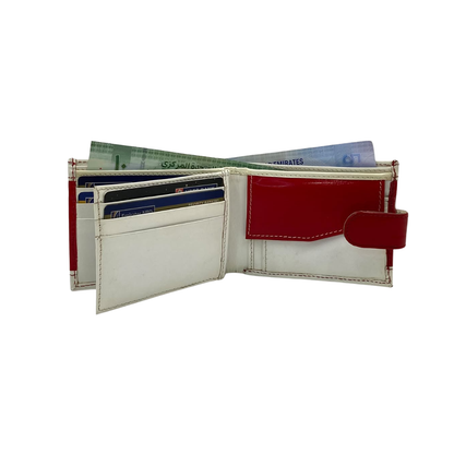 Men's Waterproof Bifold Leather Wallet with ID Window & Card Slots (White & Red Edition) #1728CL [PATTI]