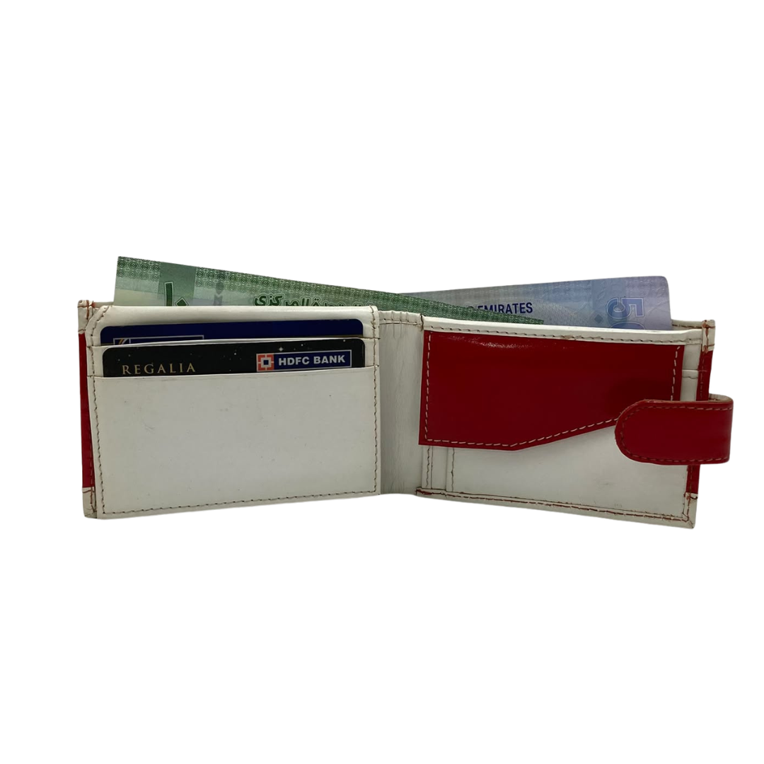 Men's Waterproof Bifold Leather Wallet with ID Window & Card Slots (White & Red Edition) #1020CL [PATTI]