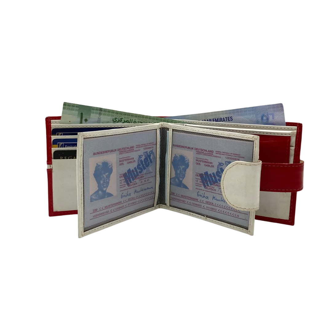 Men's Waterproof Bifold Leather Wallet with ID Window & Card Slots (White & Red Edition) #1887CL [C.L.]