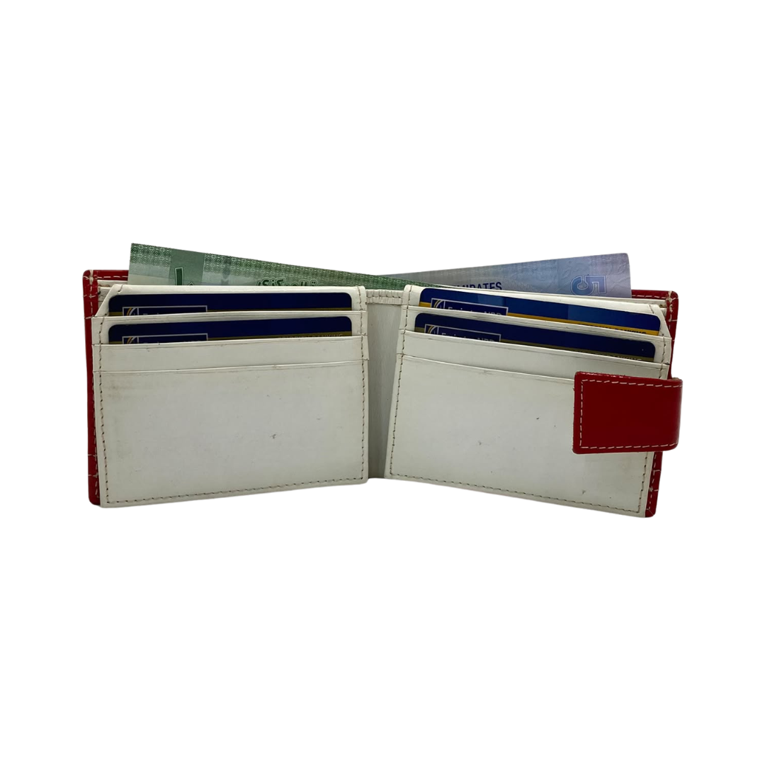 Men's Waterproof Bifold Leather Wallet with ID Window & Card Slots (White & Red Edition) #1729A [D.L.]