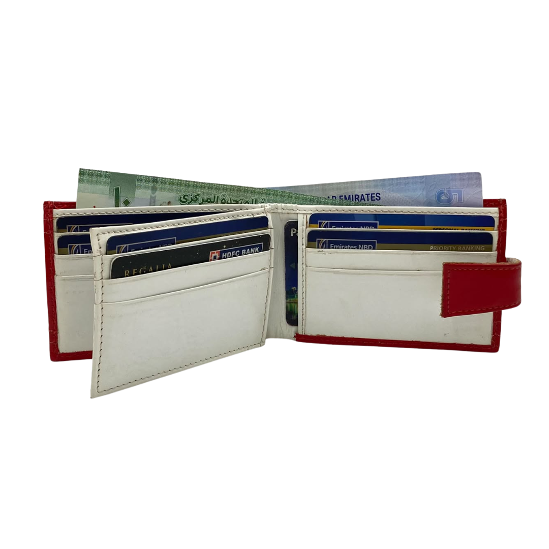 Men's Waterproof Bifold Leather Wallet with ID Window & Card Slots (White & Red Edition) #1020AL [D.L.]