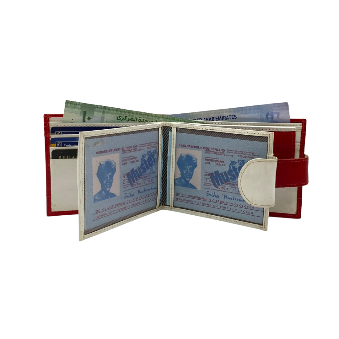 Men's Waterproof Bifold Leather Wallet with ID Window & Card Slots (White & Red Edition) #1887CL [D.L.]