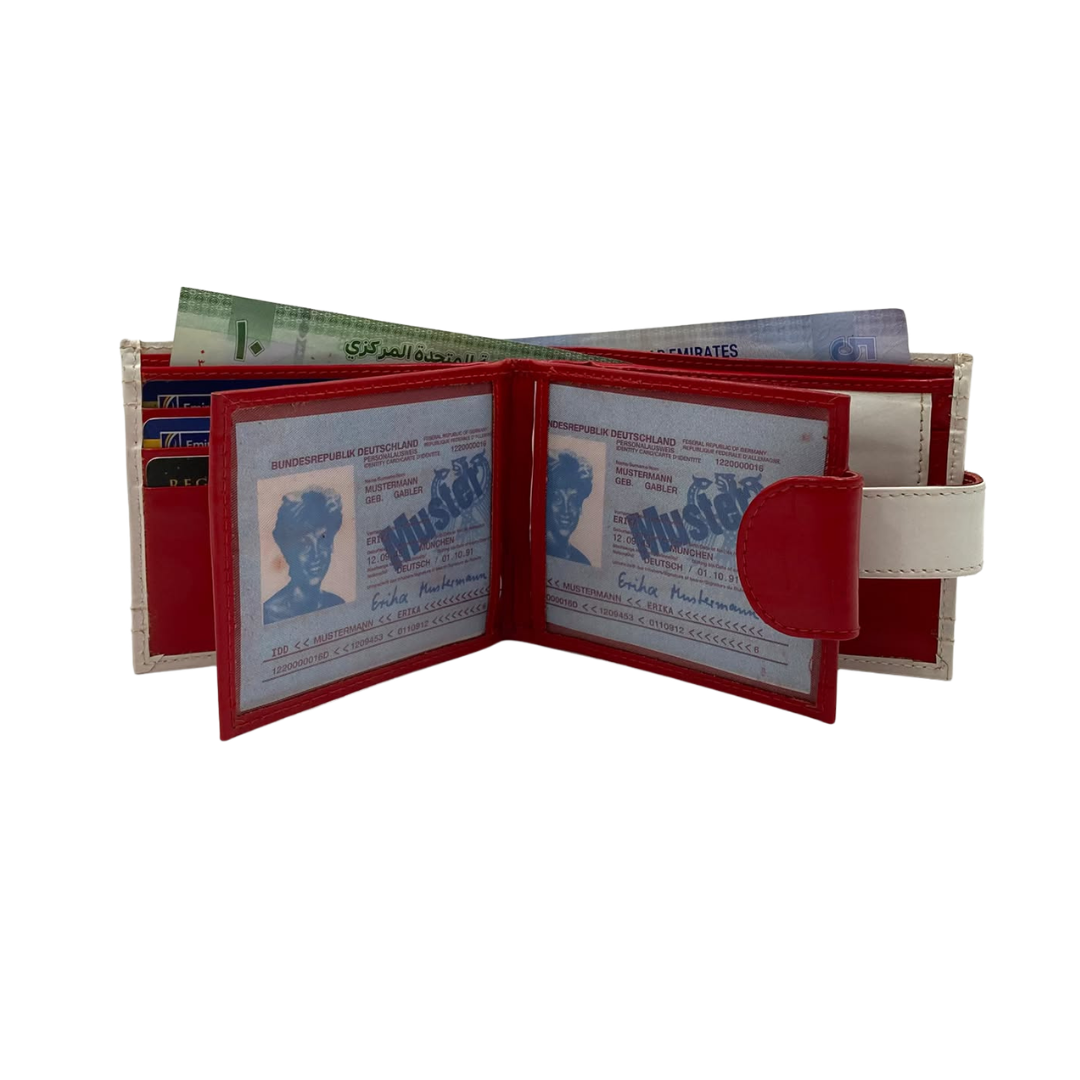 Men's Waterproof Bifold Leather Wallet with ID Window & Card Slots (White & Red Edition) #1887CL [D.L.]