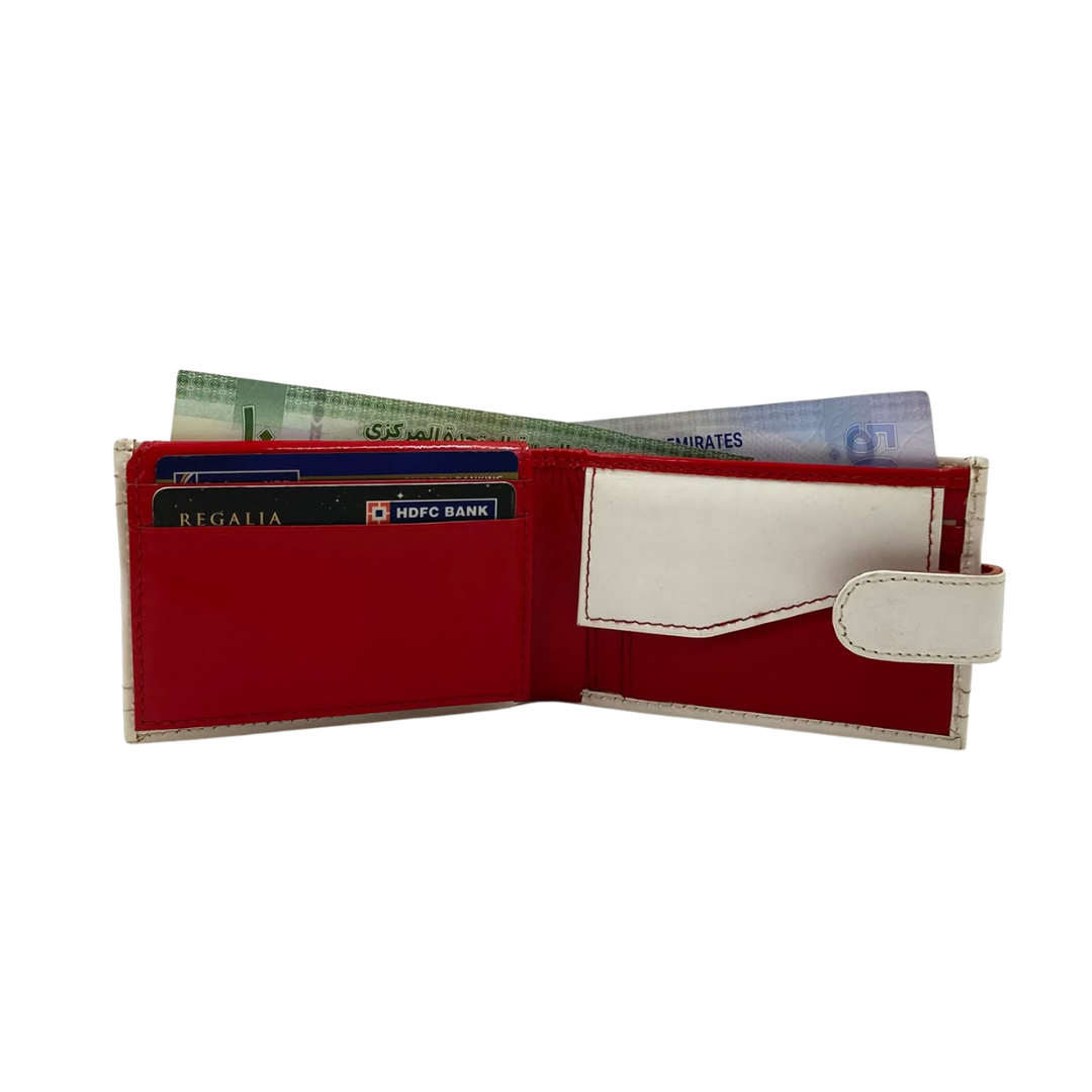 Men's Waterproof Bifold Leather Wallet with ID Window & Card Slots (White & Red Edition) #1020CL [D.L.]