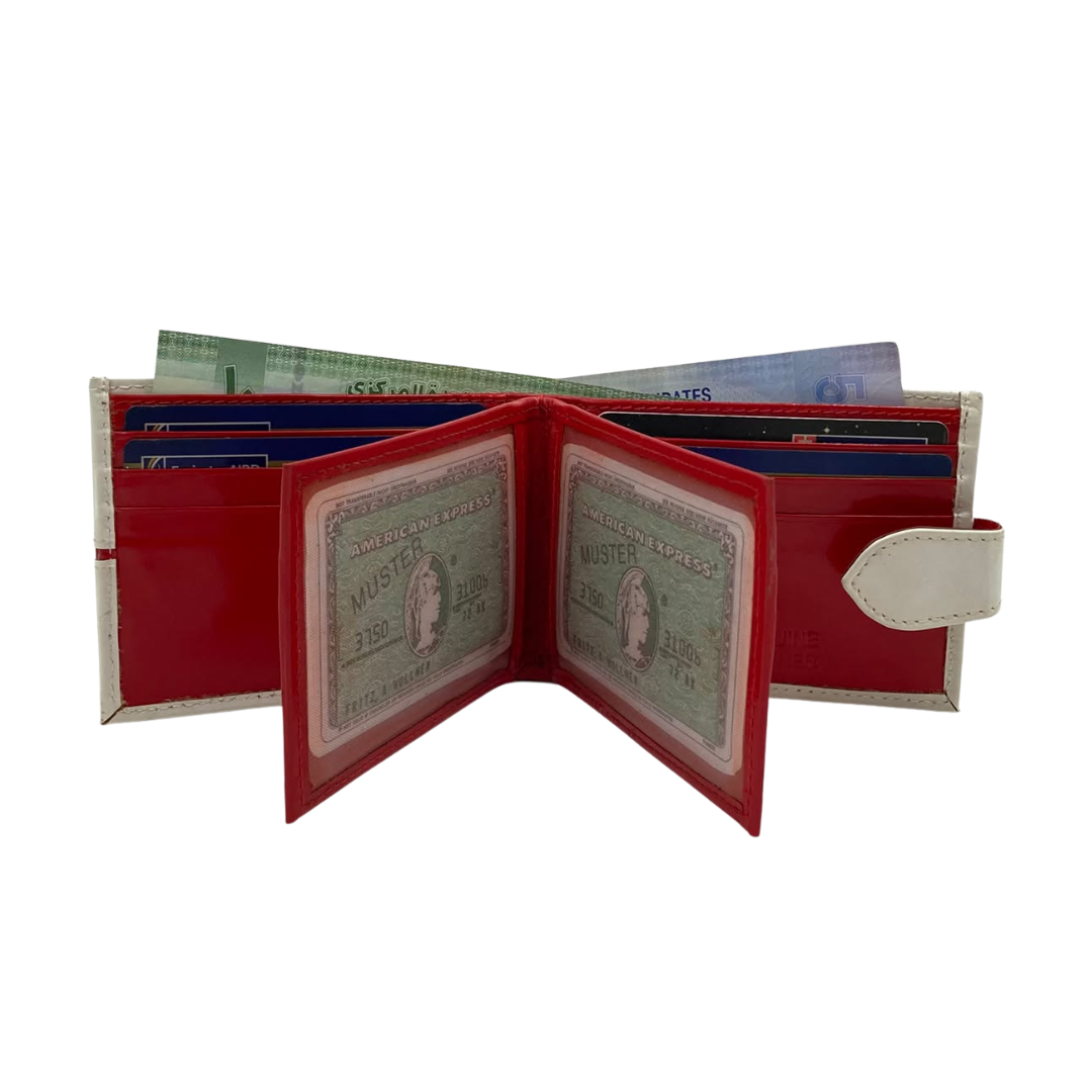 Men's Waterproof Bifold Leather Wallet with ID Window & Card Slots (White & Red Edition) #892AL [C.L.]