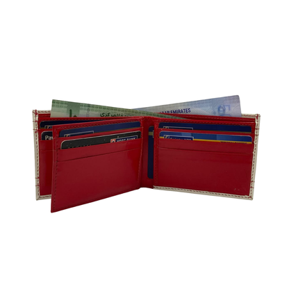 Men's Waterproof Bifold Leather Wallet with ID Window & Card Slots (White & Red Edition) #1728 [D.L.]