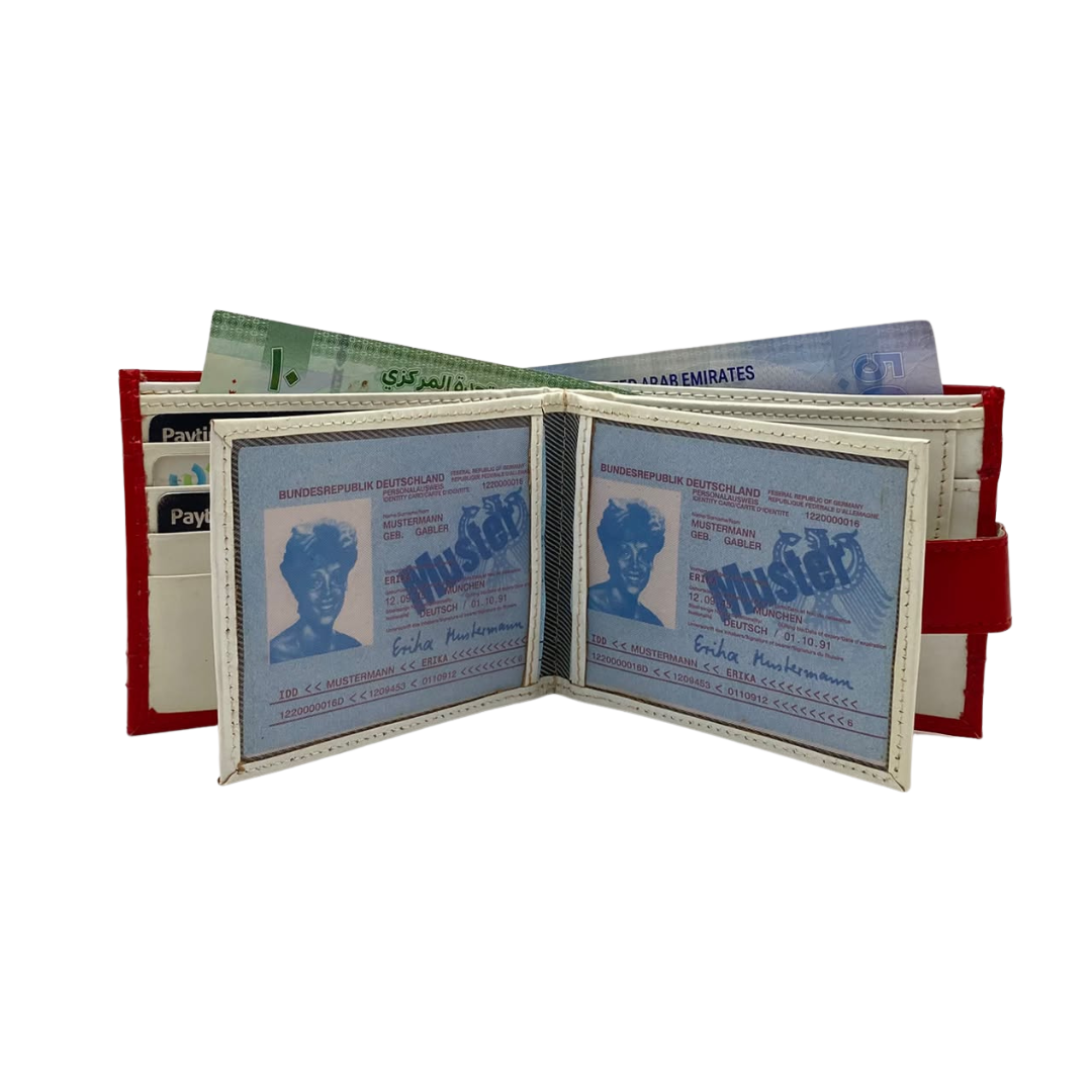 Men's Waterproof Bifold Leather Wallet with ID Window & Card Slots (White & Red Edition) #983CL [D.L.]
