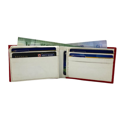 Men's Waterproof Bifold Leather Wallet with ID Window & Card Slots (White & Red Edition) #1020B [D.L.]