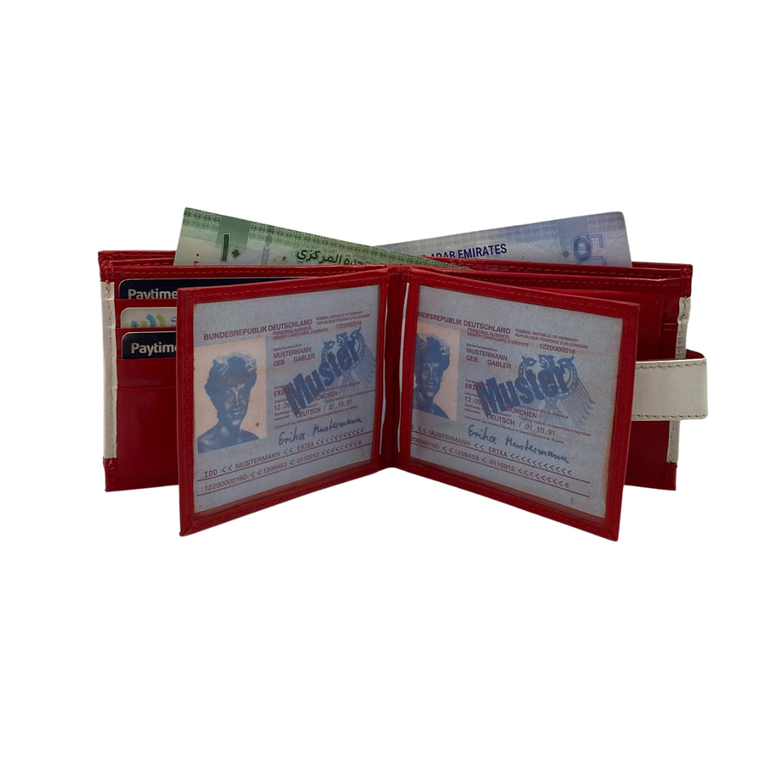 Men's Waterproof Bifold Leather Wallet with ID Window & Card Slots (White & Red Edition) #983CL [PATTI]